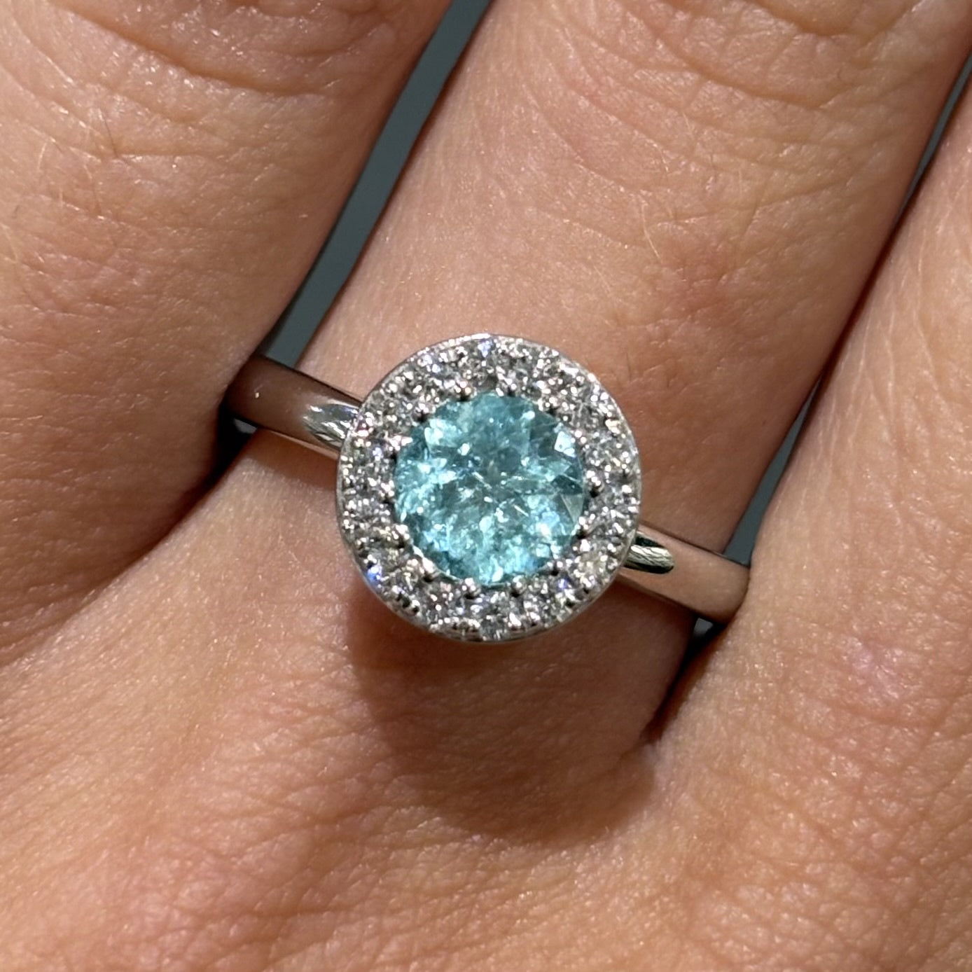 Platinum 0.78ct Round Paraiba Tourmaline &amp; 0.21ct Diamond Halo Ring