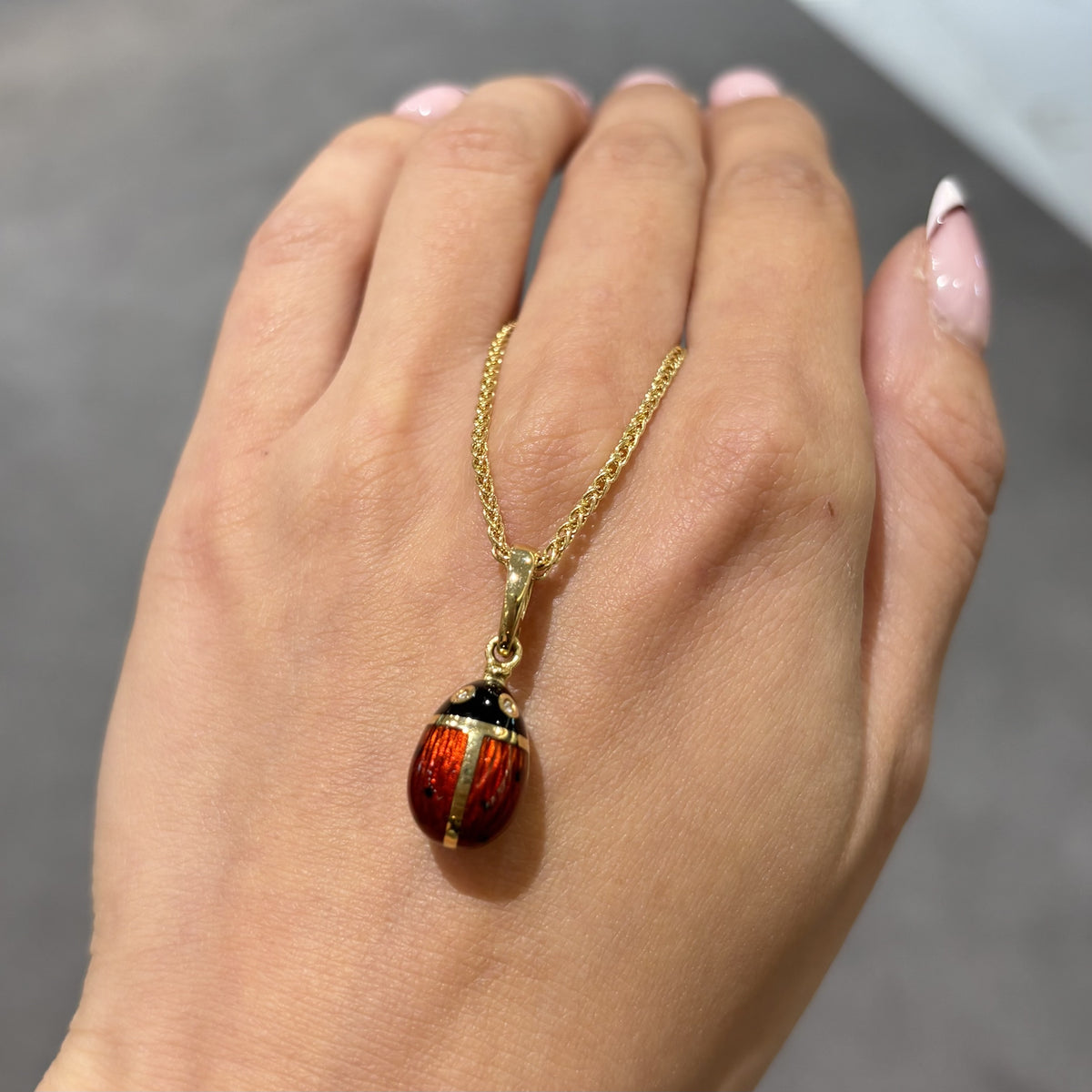 Pre-Owned 18ct Yellow Gold Faberge Heritage Ladybird Enamel Egg Pendant &amp; Chain