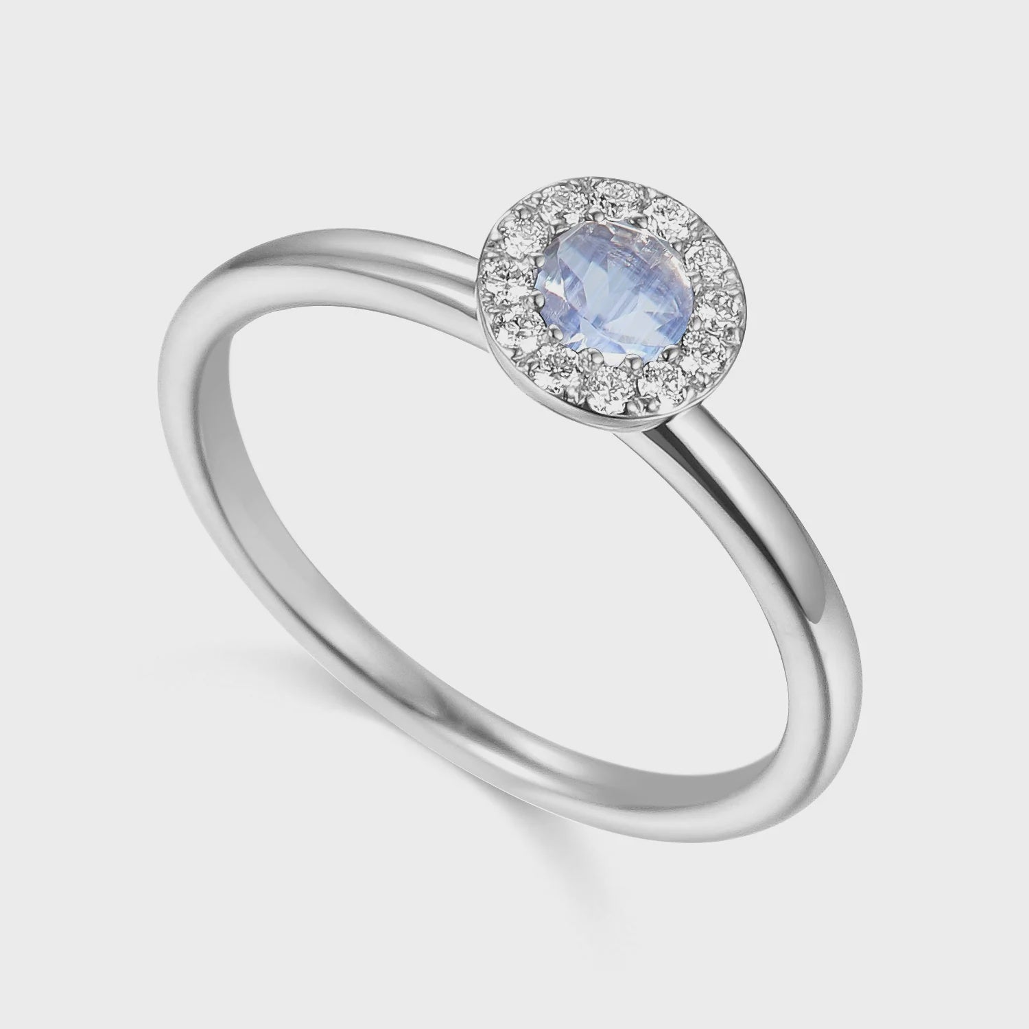 9ct White Gold Moonstone &amp; Diamond 0.10ct Halo Ring