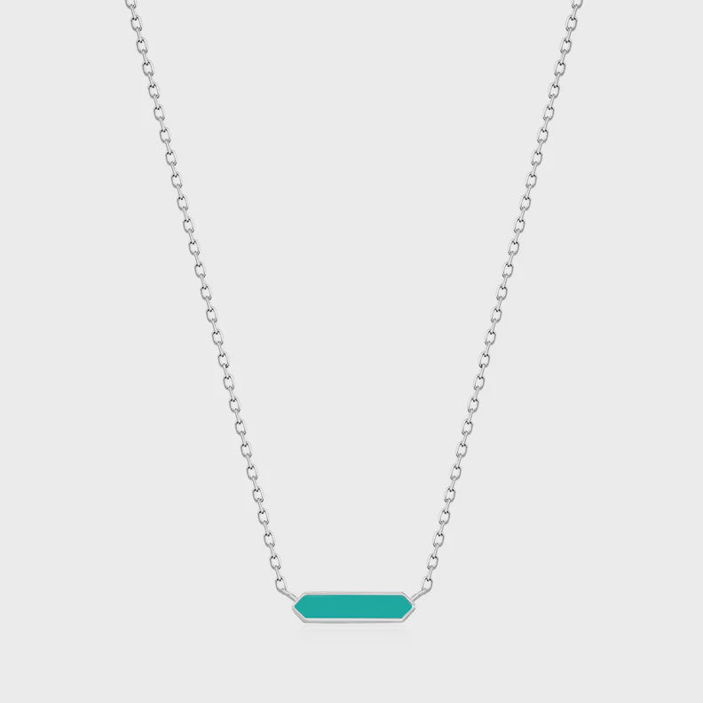 Teal Enamel Bar Silver Necklace