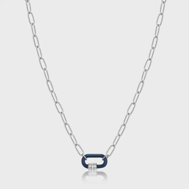 Navy Blue Enamel Carabiner Silver Necklace