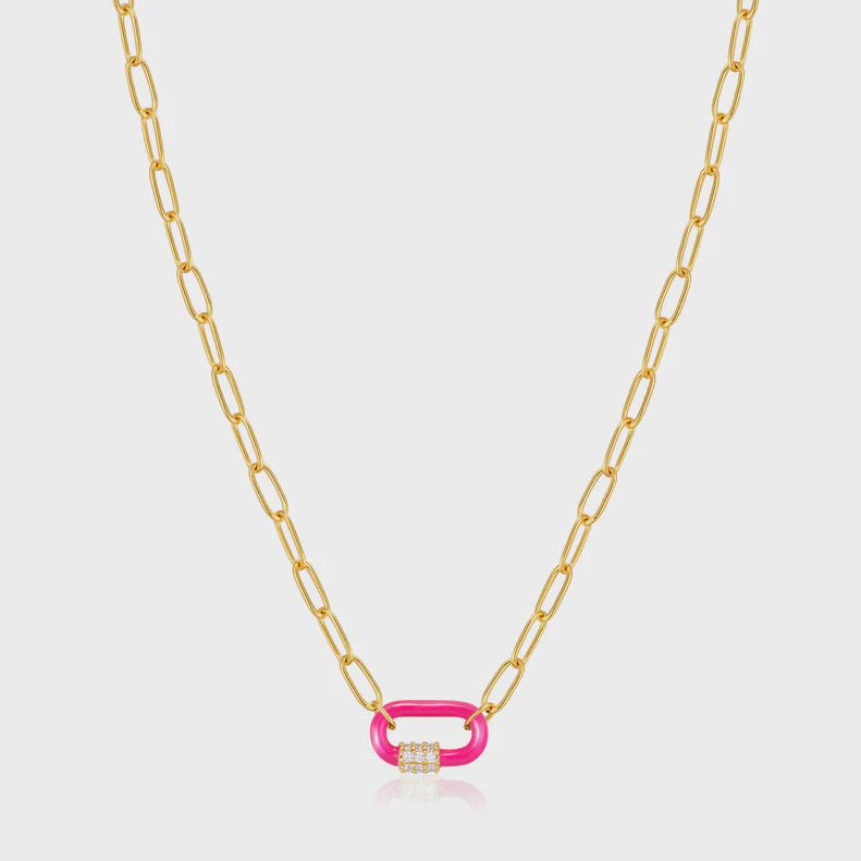 Neon Pink Enamel Carabiner Gold Necklace