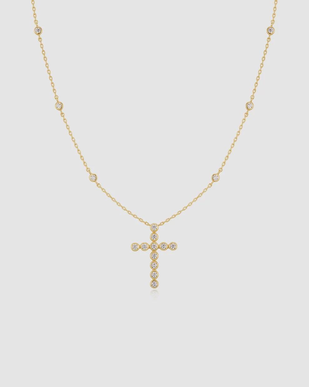 Silver Gold Plated Bezel-Set Station Necklace with Cross Pendant