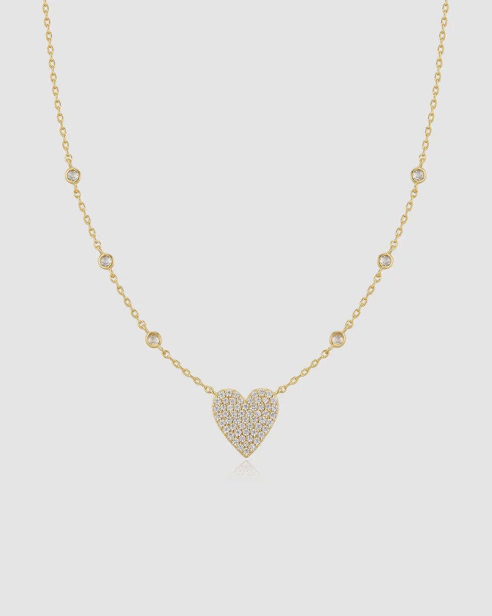 Silver Gold Plated Pavé Heart with Bezel Station Necklace