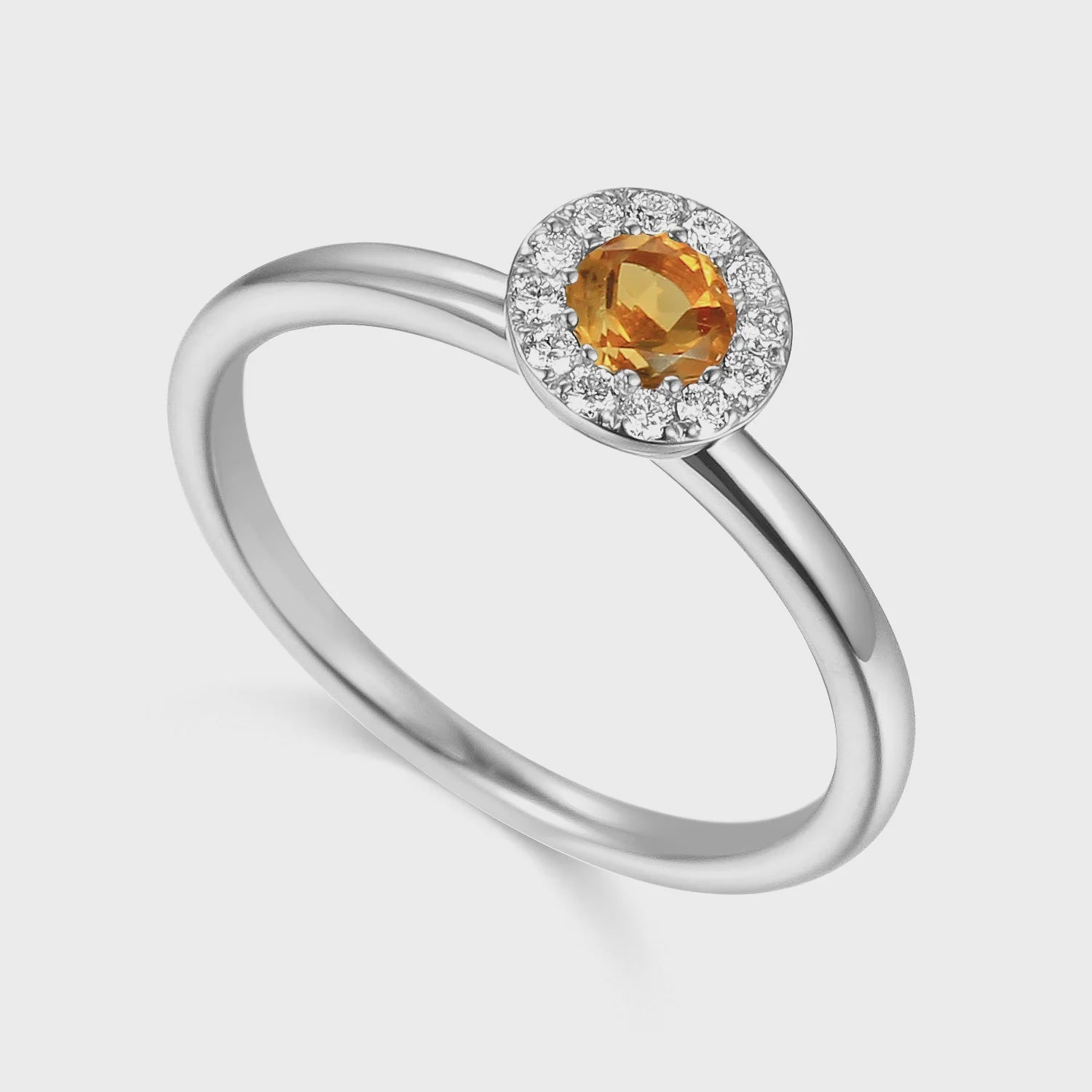 9ct White Gold Citrine 28pt &amp; Diamond 10pt Halo Birthstone Ring
