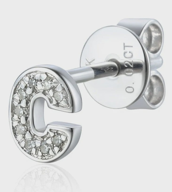 9ct White Gold 2pt Diamond 'C' Initial Stud Earring