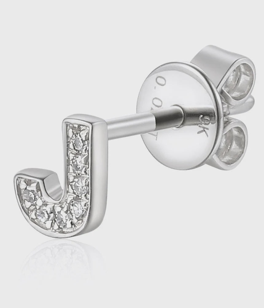 9ct White Gold 2pt Diamond Initial "J" Single Stud Earring