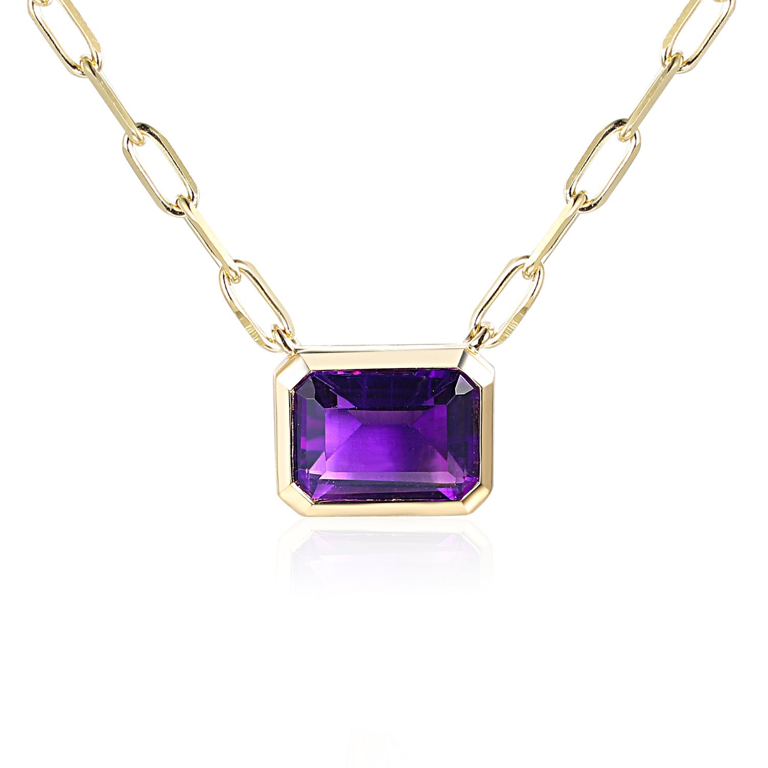 9ct Yellow Gold Octagon Amethyst Rubover Pendant &amp; Paperlink Chain