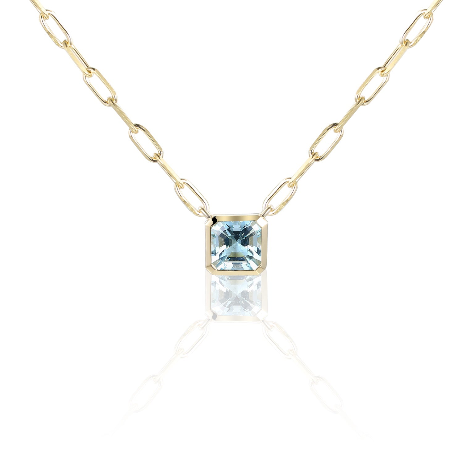 9ct Yellow Gold Step-Cut 0.60ct Aquamarine Rubover Pendant on Paperlink Chain