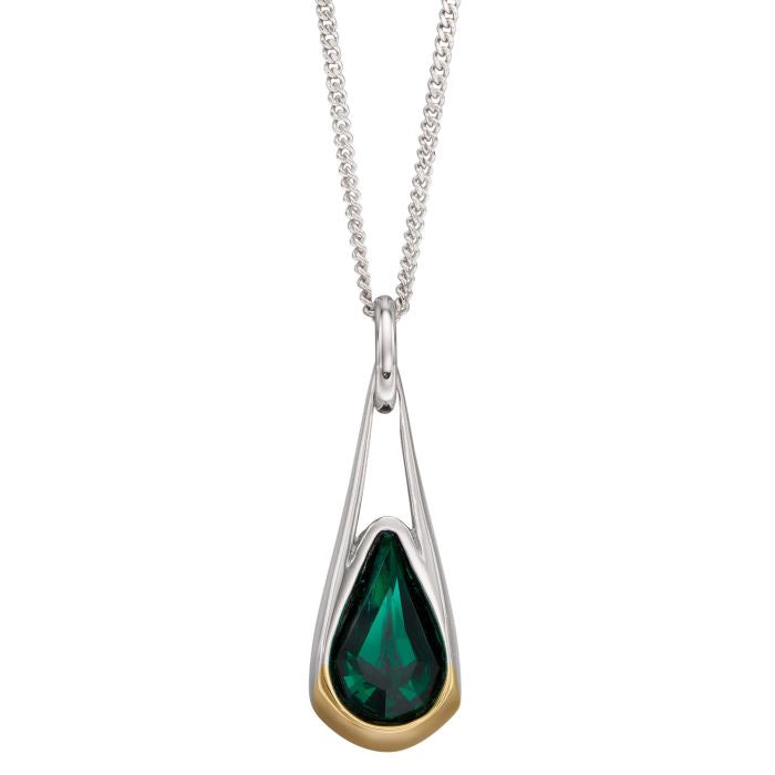 Silver Emerald Crystal Drop Pendant Necklace with Yellow Gold-Plating