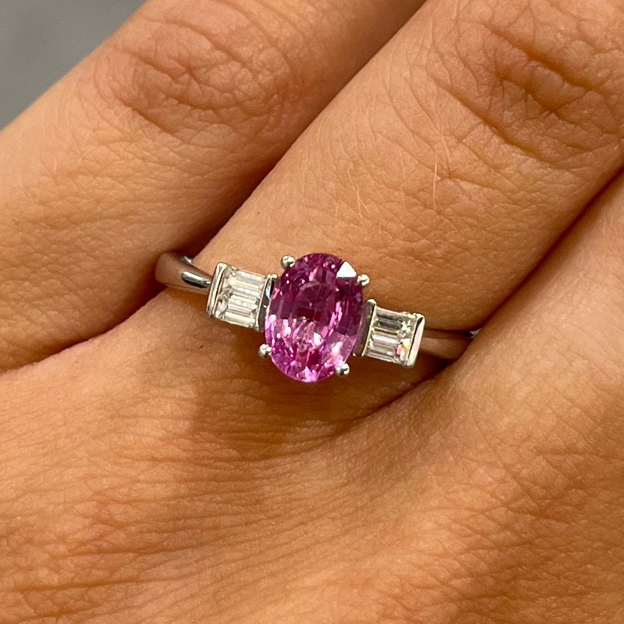18ct White Gold Oval Pink Sapphire 0.95ct &amp; Baguette Diamonds 0.16ct Ring