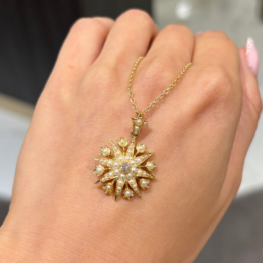 Pre-Owned Antique Old Mine Cut Diamond &amp; Pearl Starburst Pendant