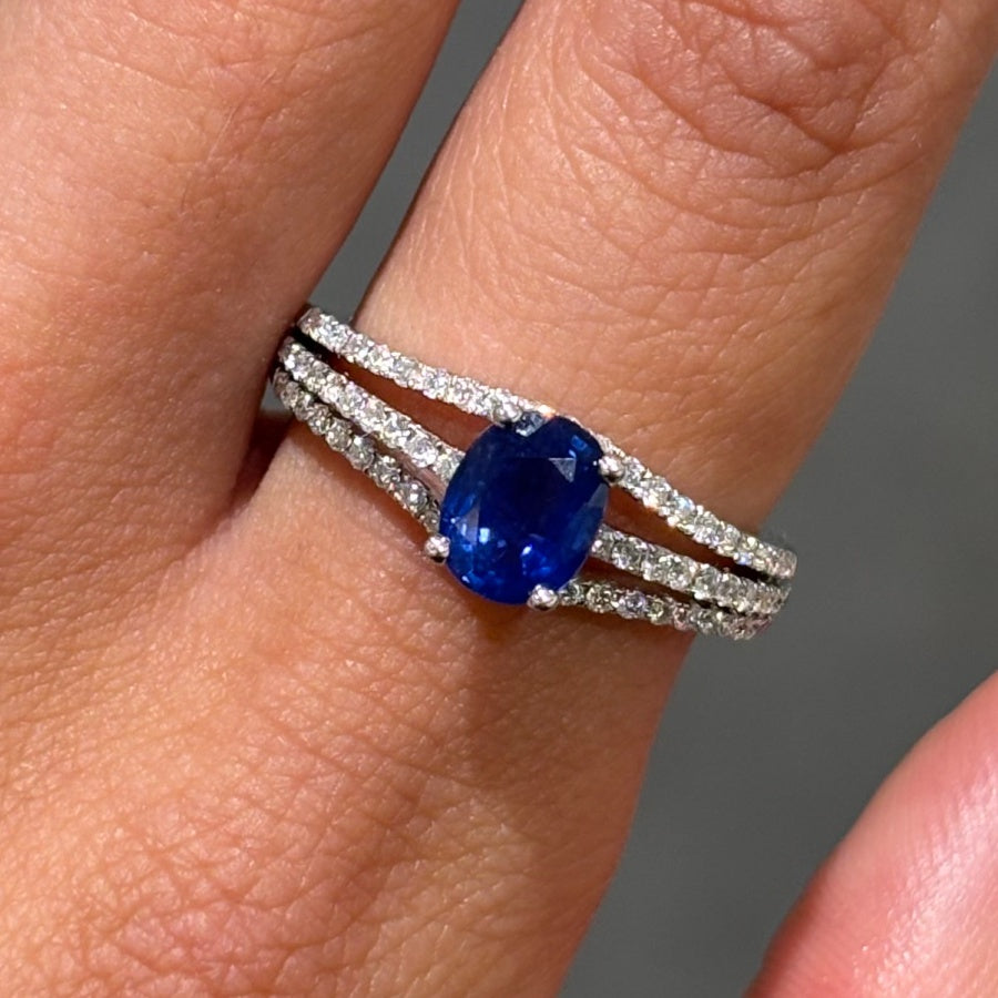 Pre-Owned 18ct White Gold 1.05ct Created Sapphire &amp; 0.30ct Diamond Ring