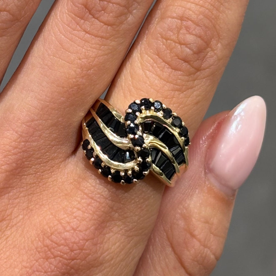 Pre-Owned 9ct Yellow Gold 1.67ct Sapphire Cluster Wave Ring