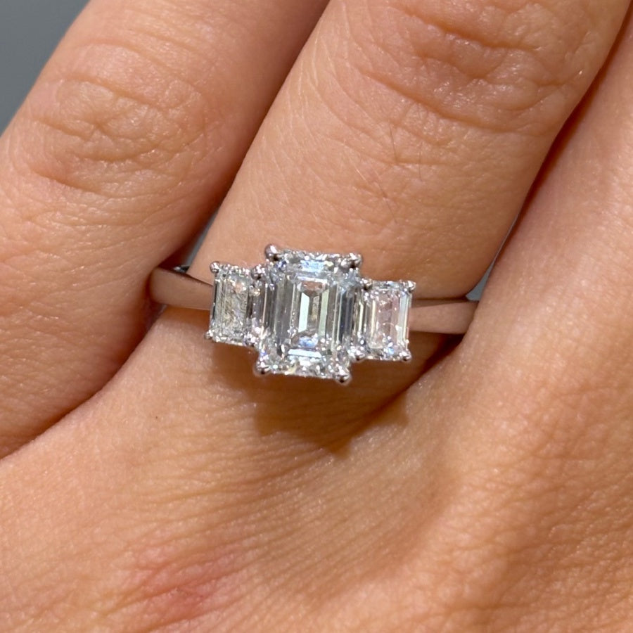 18ct White Gold Lab-Grown Diamond Three Stone Emerald Cut Ring 1.50ct