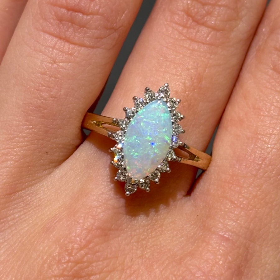 Pre-Owned 14ct Yellow Gold 1ct Marquise Opal &amp; 0.36ct Diamond Ring