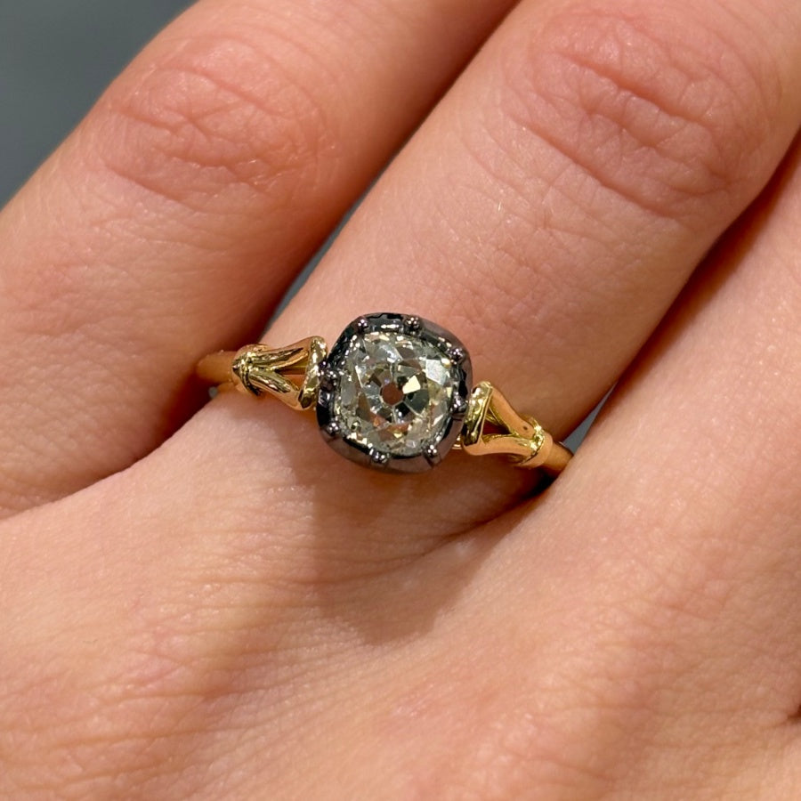 18ct Yellow Gold 0.89ct Old Cushion Cut Diamond Georgian Style Loop Solitaire Ring