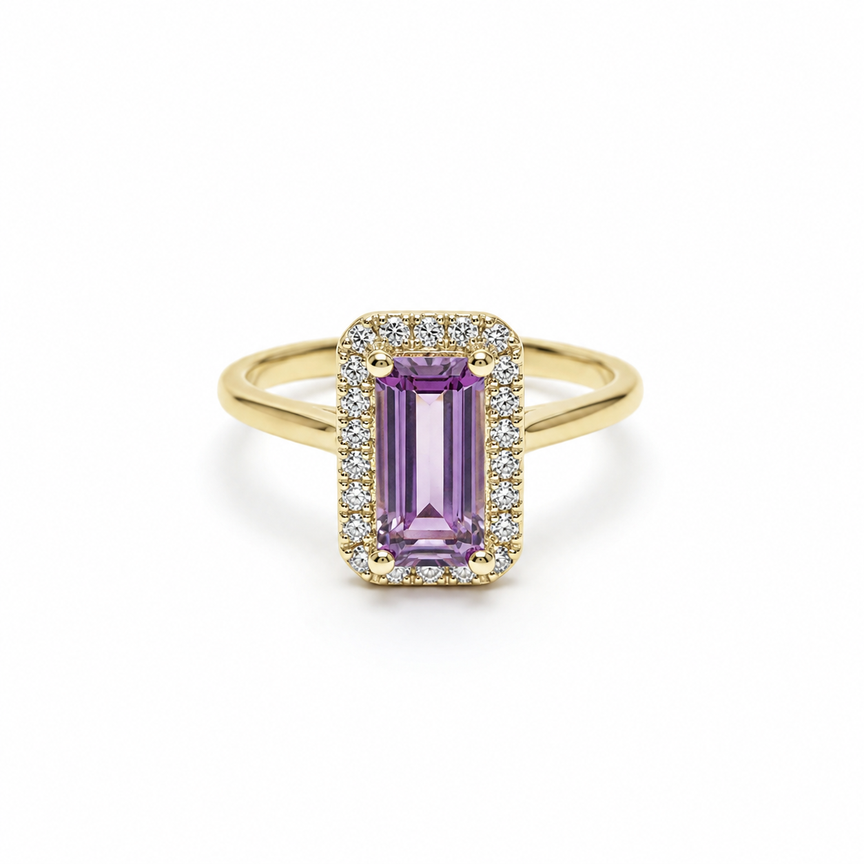 9ct Yellow Gold 1.06ct Elongated Amethyst &amp; 0.14ct Diamond Halo Ring