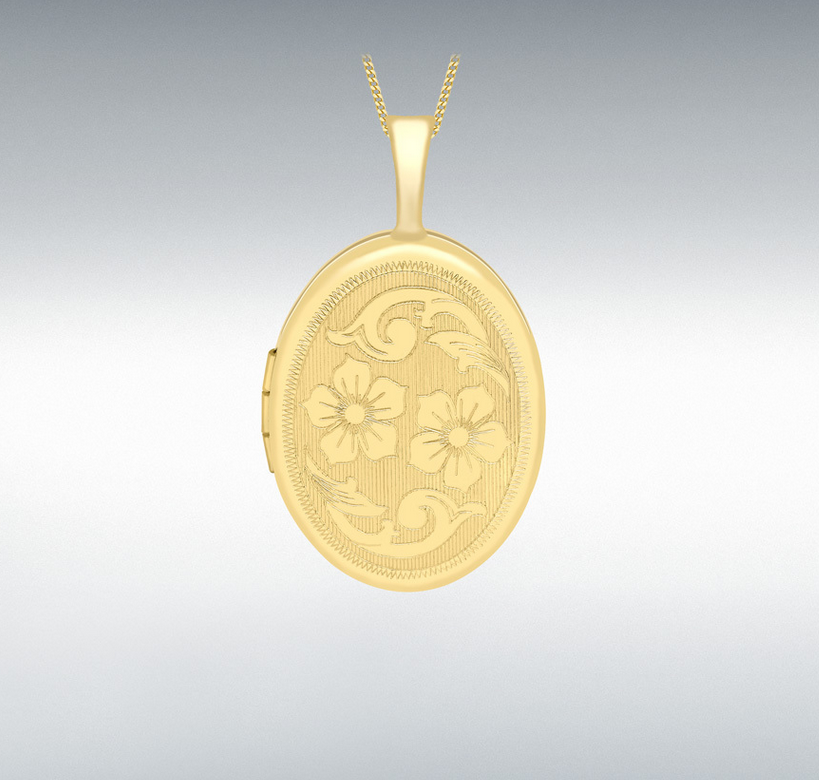 9ct Yellow Gold 16mm x 25mm Etched Flower-Detail Oval Locket