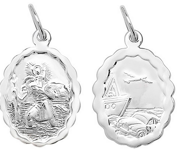 Silver St Christopher Double Sided Oval Wave Edge