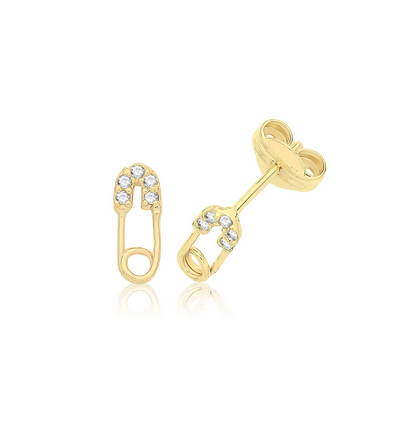 9ct Yellow Gold CZ Safety Pin Stud Earrings