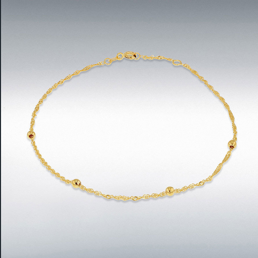 9ct Yellow Gold 3mm Ball &amp; Twisted Curb Adjustable  Anklet