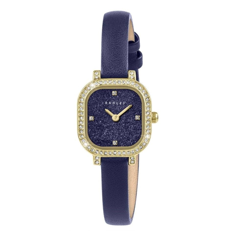 Gold Plated 23mm Stone Set Navy Leather Strap Watch