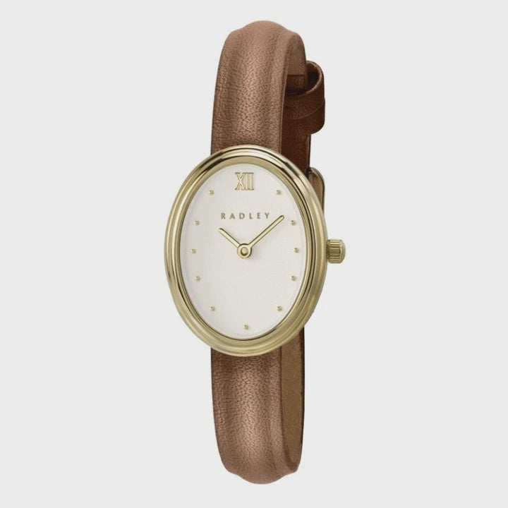 Ladies Gold Plated 20mm Oval Dial Brown Leather Strap Watch