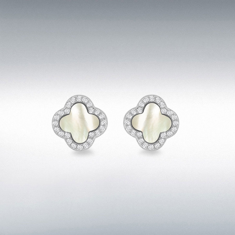 Silver White Mother Of Pearl Clover Stud Earrings