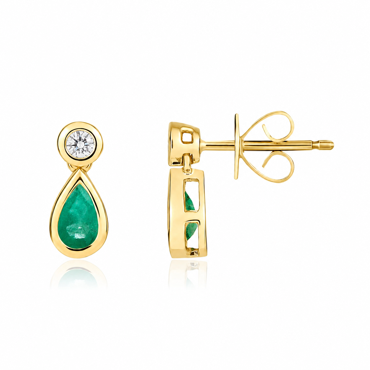 18ct Yellow Gold 39pt Pear Emerald &amp; 0.08ct Diamond Drop Stud Earrings