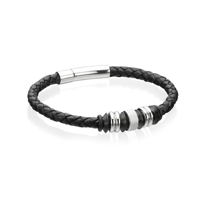 Men's Black Leather Bracelet with Black IP Beads Bracelet