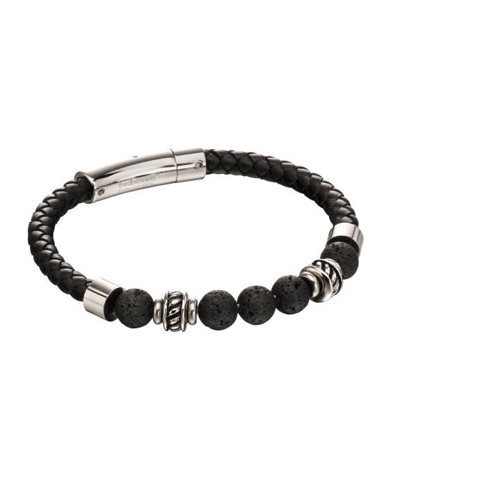 Black Leather Men's Bracelet with Lava Beads