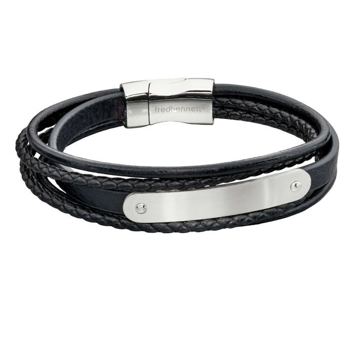 Multi Band Men's Leather Bracelet With Steel ID Bar