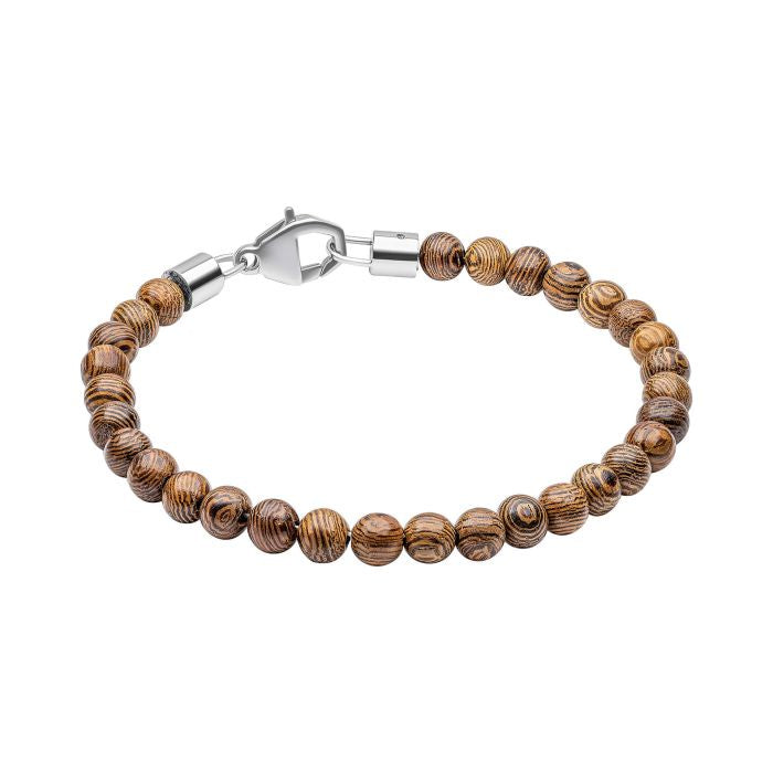 Stainless Steel Men's Bracelet with Brown Wood Beads