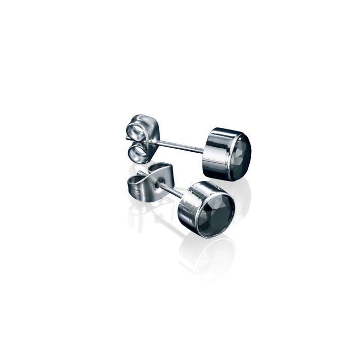 Stainless Steel Bezel Set Stud Earrings with Black CZ