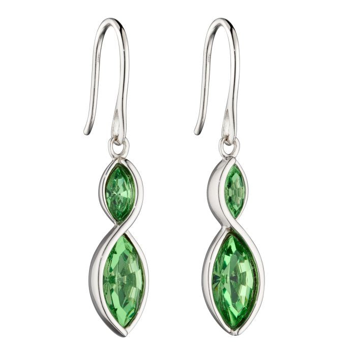 Silver Navette Peridot Crystal Twist Earrings