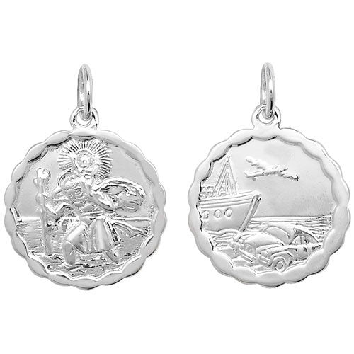 Silver St Christopher Double Sided Wavy Edge Round Pndt