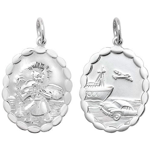 Silver Oval St Christopher Double Sided Wavy Edge