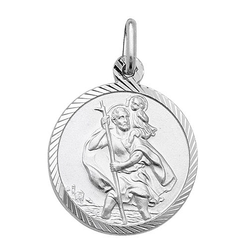 Silver St. Christopher Round Diamond Cut Edge Pendant