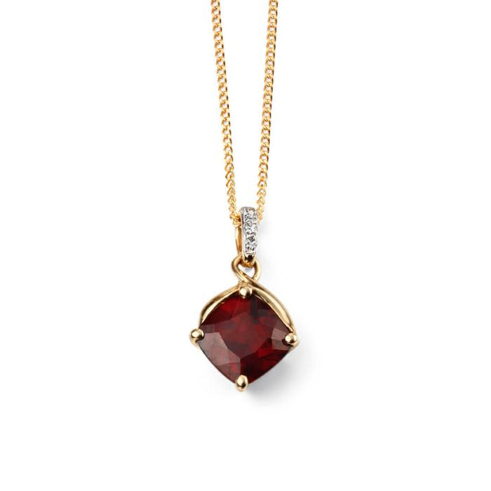 9ct Yellow Gold Square Garnet Drop Pendant with Diamond Set Bale