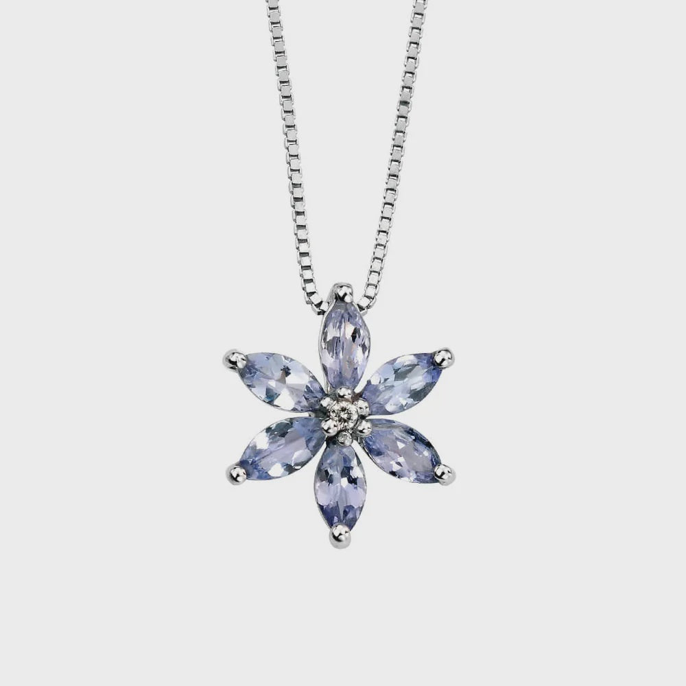 9ct White Gold Tanzanite &amp; Diamond Flower Pendant