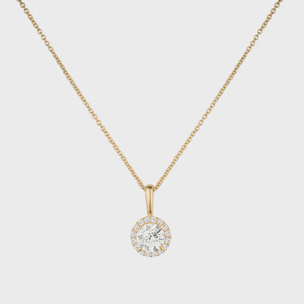 18ct Yellow Gold 0.91ct &amp; 0.08ct Lab-Grown Diamond Halo Pendant &amp; Chain