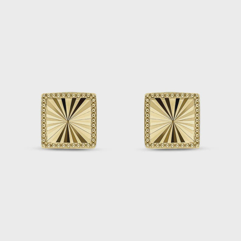 9ct Yellow Gold Diamond Cut Square Stud Earrings With Beaded Edge