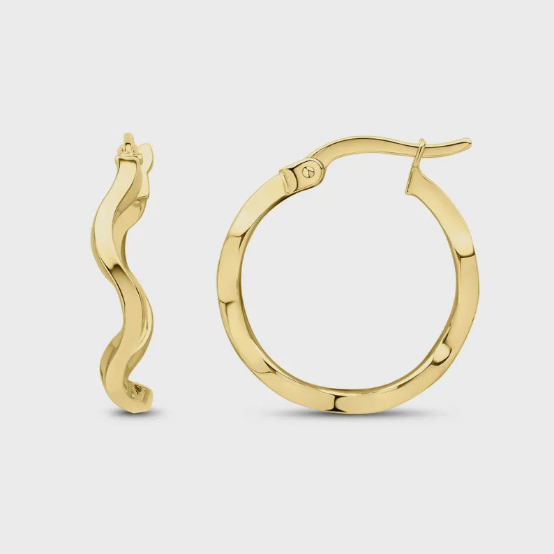 9ct Yellow Gold Round Polished Wavy Hoop Earrings