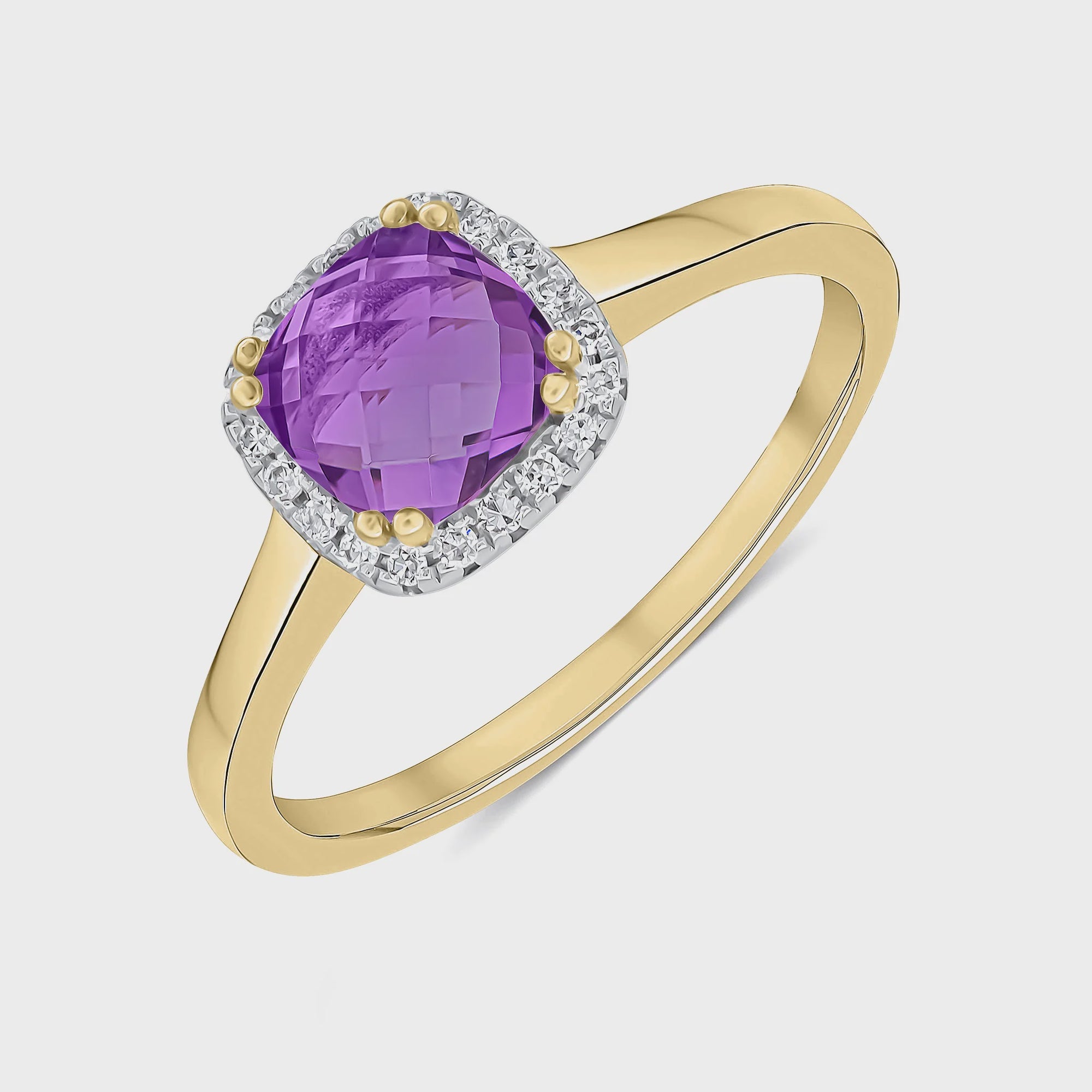 9ct Yellow Gold Checkerboard Cut Amethyst &amp; Diamond Cluster Ring