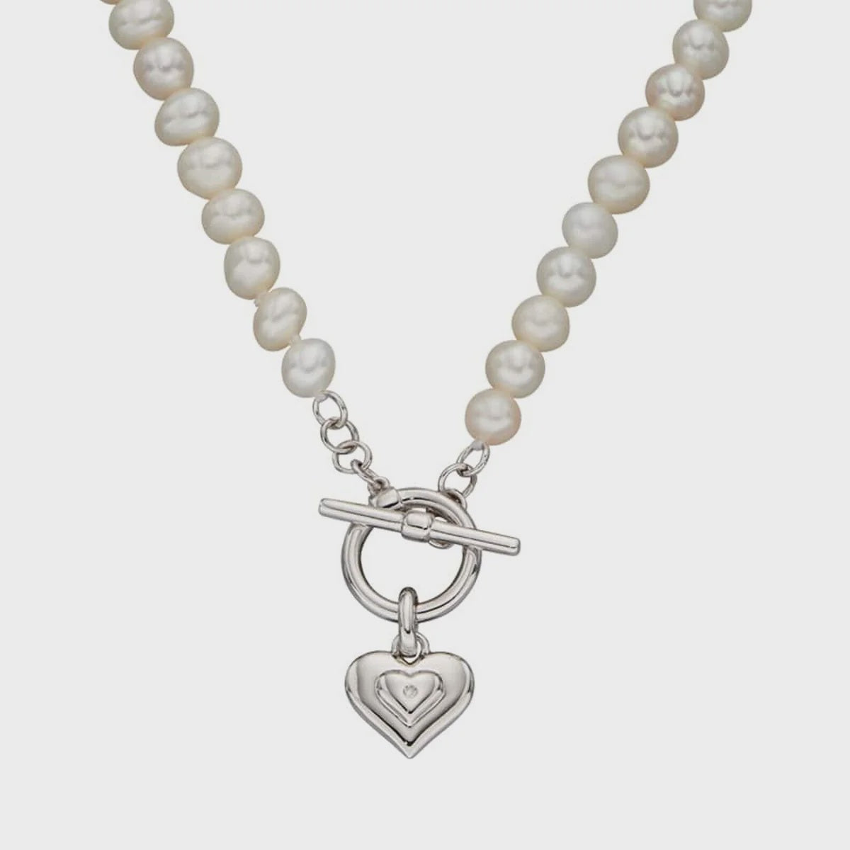 Ophelia - Silver Pearl T-bar Diamond Heart Necklace