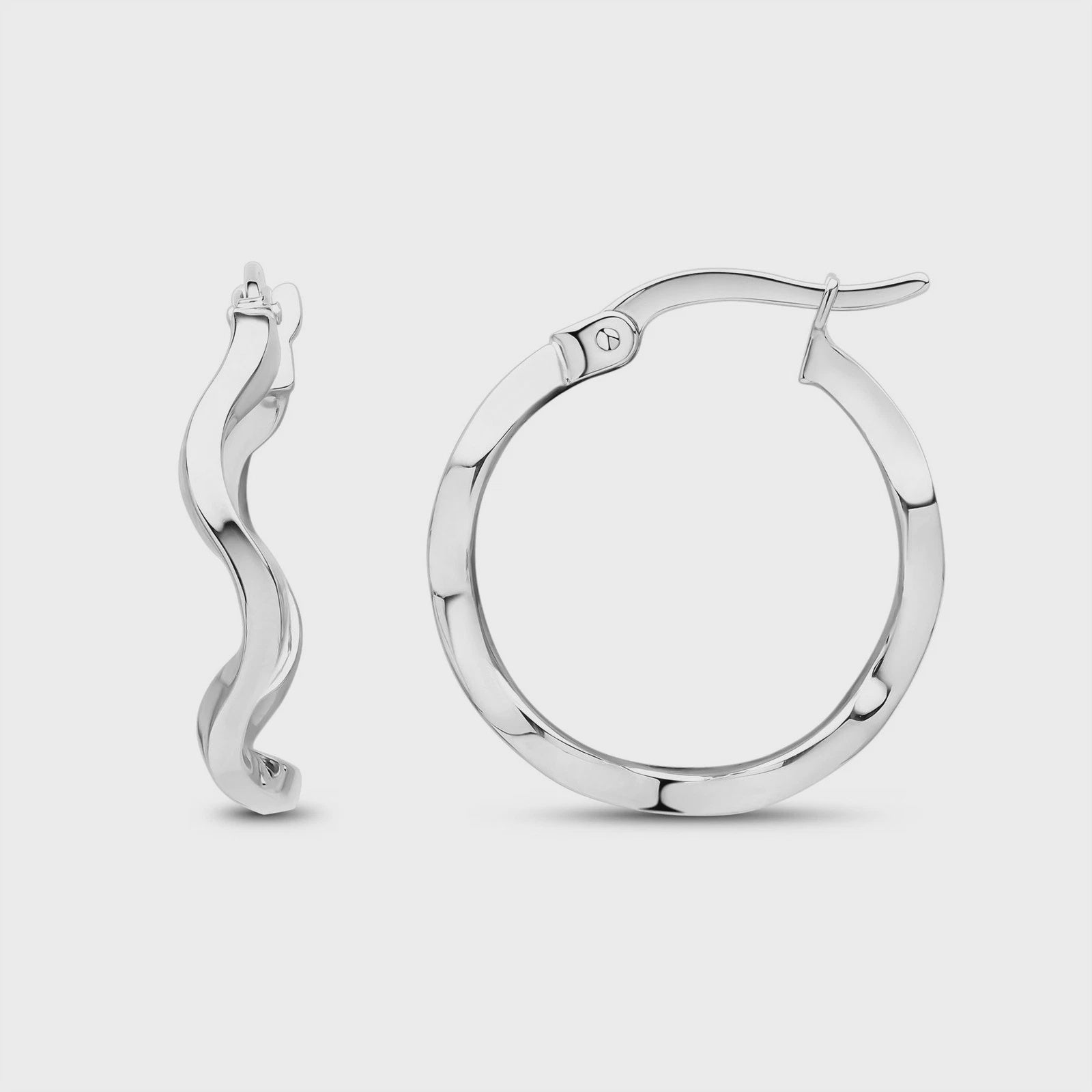 9ct White Gold Round Polished Wavy Hoop Earrings