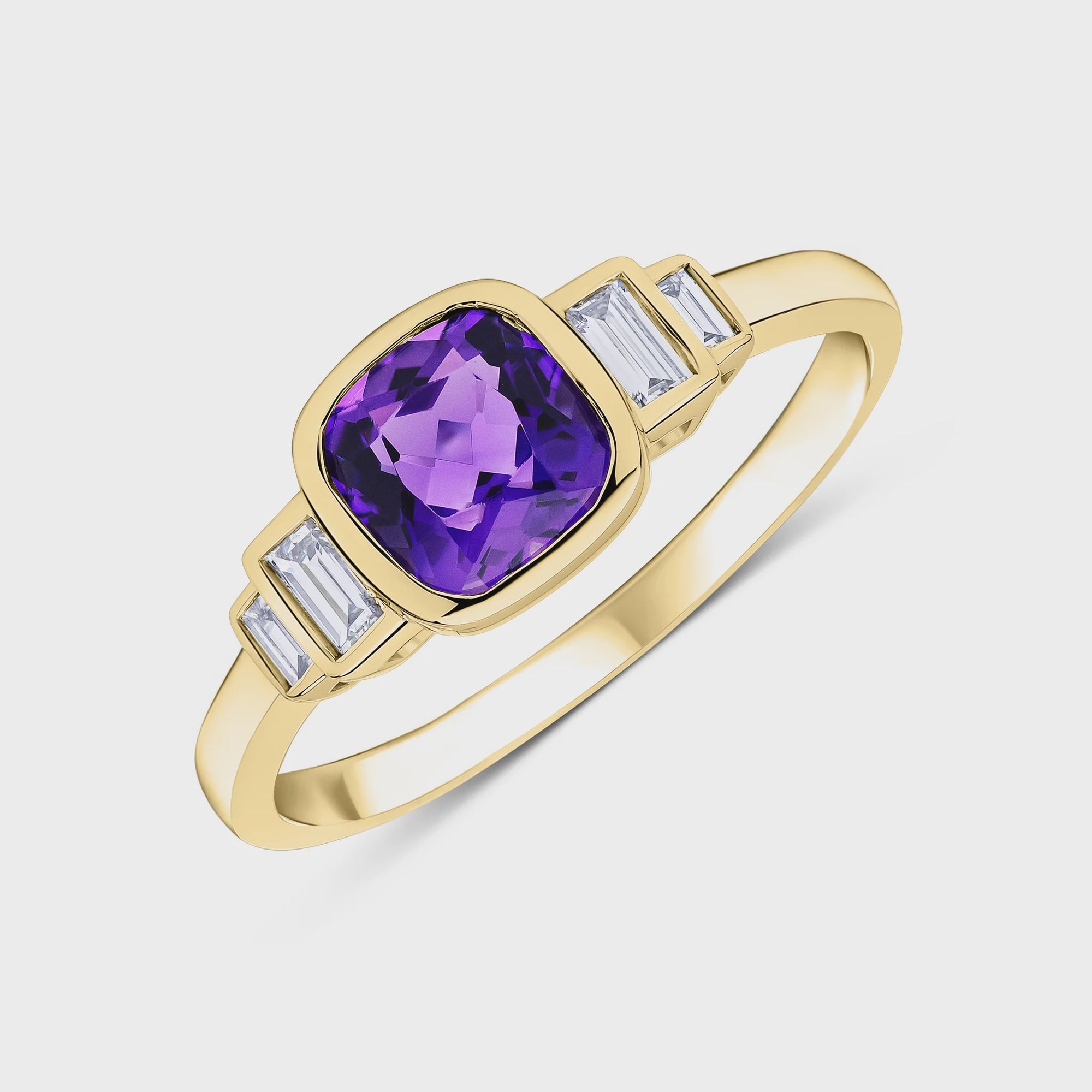 9ct Yellow Gold Cushion Amethyst &amp; Baguette Diamond Stepped Ring